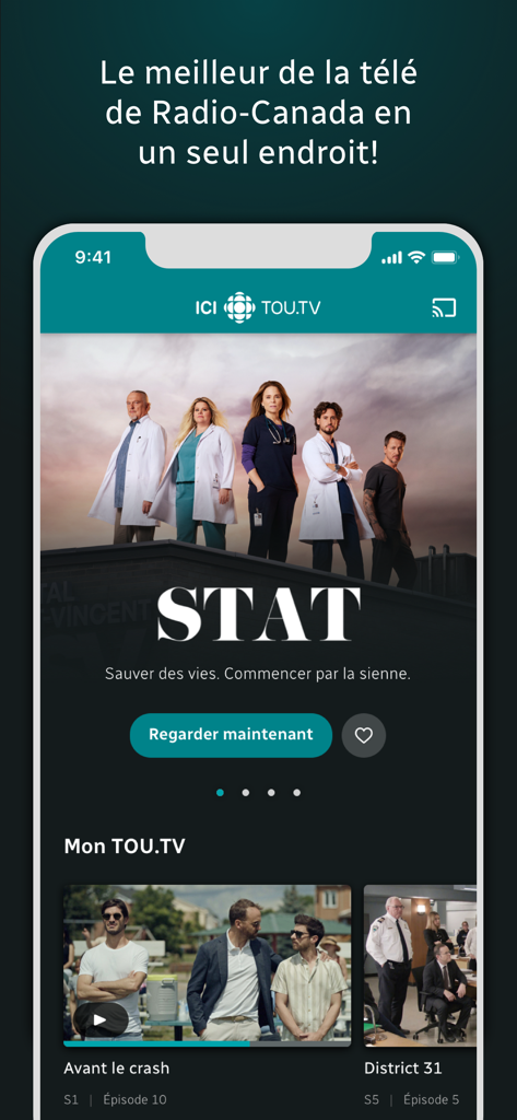 Écran d'accueil de l'application de streaming ICI TOU.TV présentant des émissions de télévision en français comme STAT