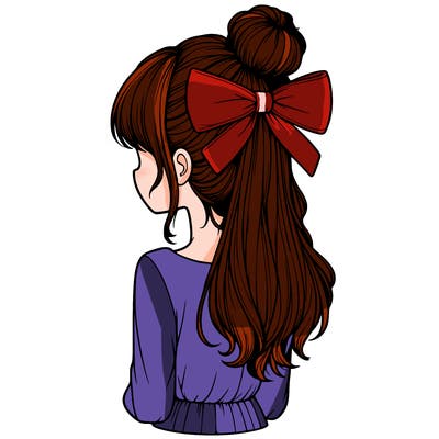realistic girl  with hip length hair a bun and a big bow on the back of head