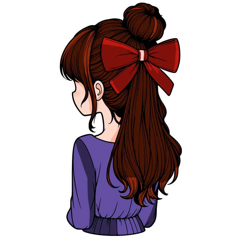 realistic girl  with hip length hair a bun and a big bow on the back of head
