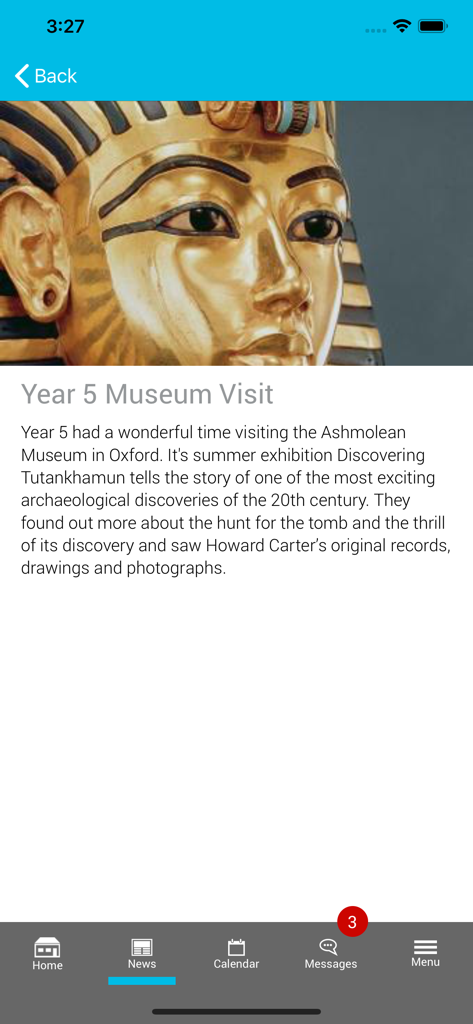 mySchoolApp - mySchoolApp screen displaying a school news article about a Year 5 museum visit