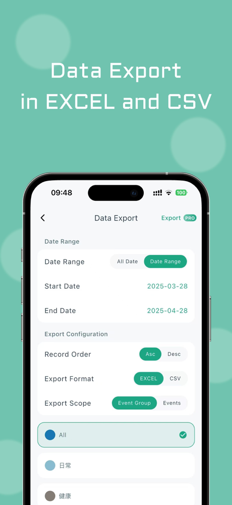 MarkNow: Habit & Daily Tracker - MarkNow app data export screen showing options for Excel and CSV formats