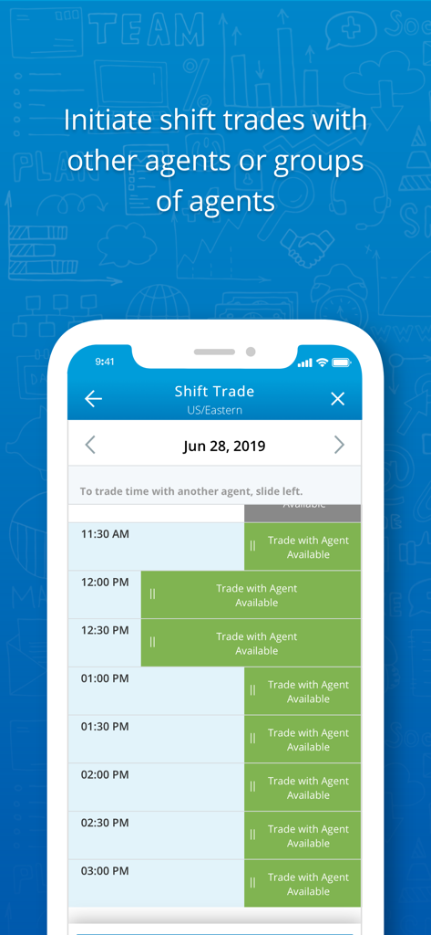 Interface of the NiCE Employee Engagement Manager app showing options for agents to trade work shifts.
