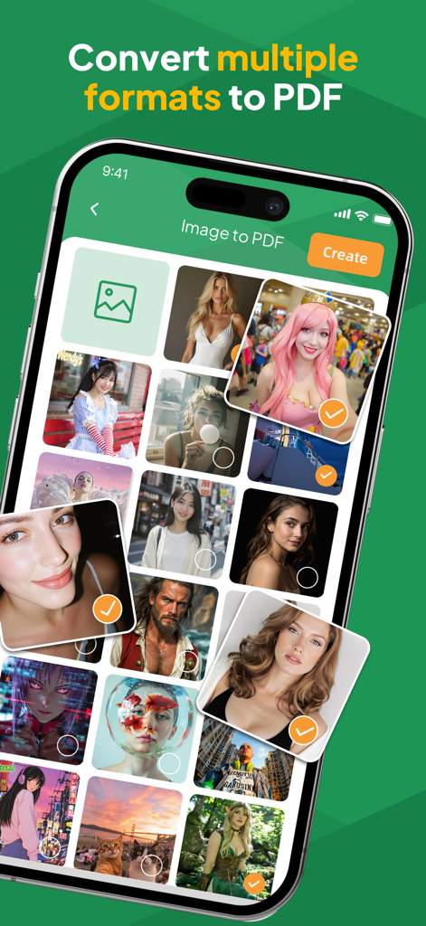 Lexy PDF Viewer-Maker,Builder - Screenshot of Lexy PDF app showing a gallery of photos being selected to create a PDF document
