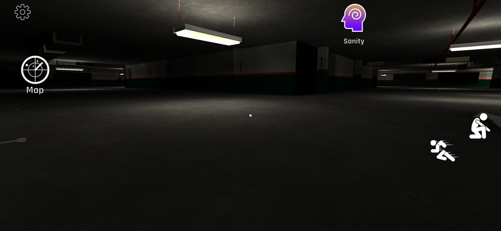 Backrooms Anomaly - Gameplay screenshot of Backrooms Anomaly showing a dark underground parking garage with Sanity and Map icons.
