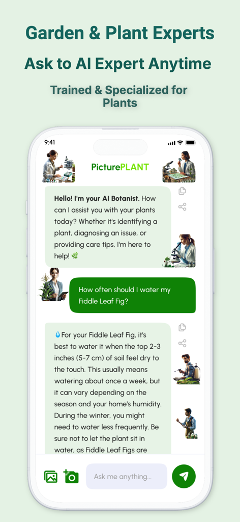 Tela de smartphone mostrando um botânico de IA fornecendo aconselhamento personalizado de cuidados com plantas para um Ficus lyrata.