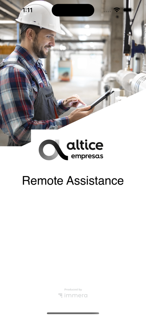Altice - Remote Assistance - Field technician using a tablet in an industrial setting with the Altice Remote Assistance logo.