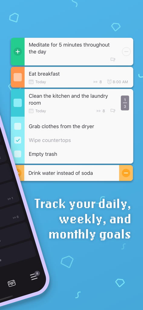 Habitica: Gamified Taskmanager - Habiticaモバイルアプリのタスク追跡インターフェース。デイリーおよびウィークリーの目標が表示されています。