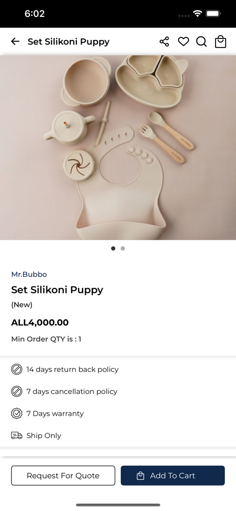 Tana: Everything. Everywhere - Product page for a silicone baby feeding set on the Tana marketplace app