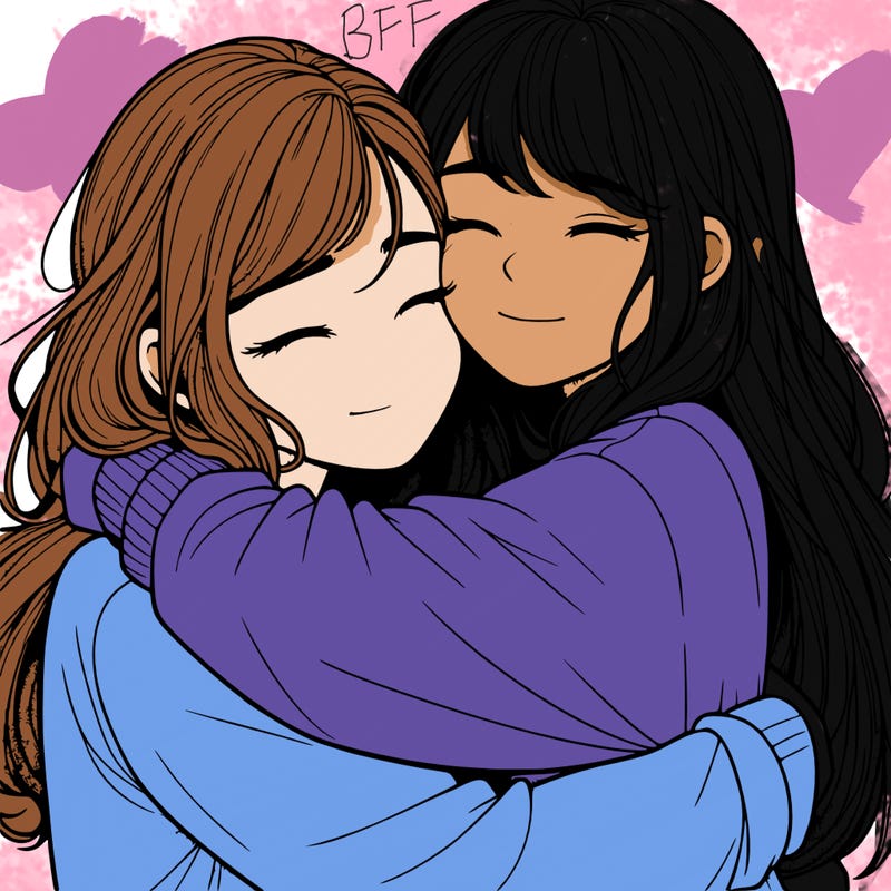 realistic two girls hugging