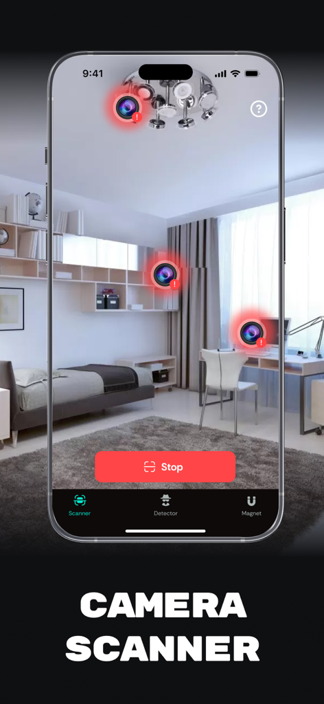 iPhone screen showing a bedroom being scanned for hidden cameras with red detection icons over suspicious areas