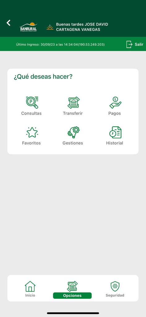 Banrural Móvil Honduras - Main menu of Banrural Movil Honduras app showing options for transfers payments and account queries