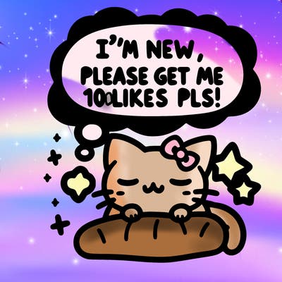 kitty taking a nap dream talking and saying "i'm new, please get me at least 10 likes pls!!"