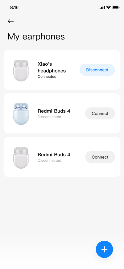 Xiaomi Earbuds app interface showing a list of paired earphones including Redmi Buds 4 with connection status and management options