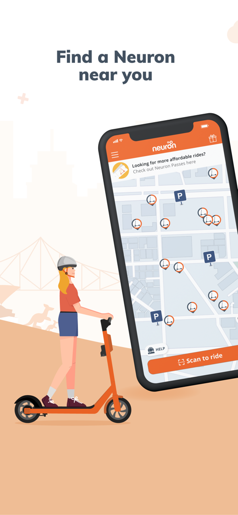 Neuron E-scooters and E-bikes - Neuron app interface showing a map with available e-scooters and an illustration of a woman riding safely with a helmet