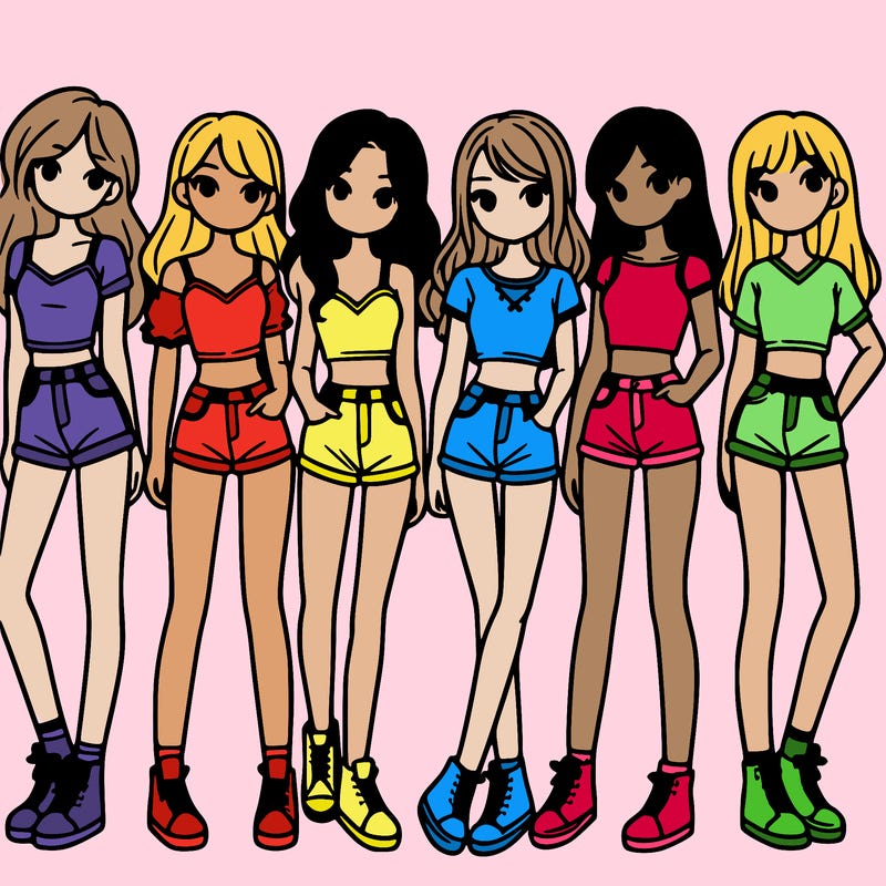 a group of girls wearing crop tops and shorts