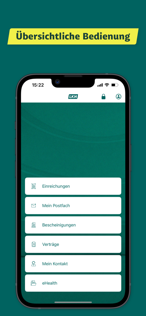 Meine LKHアプリのダッシュボードの画面。iPhoneに表示され、健康保険の提出やサービスのための明確なメニューが表示されています。