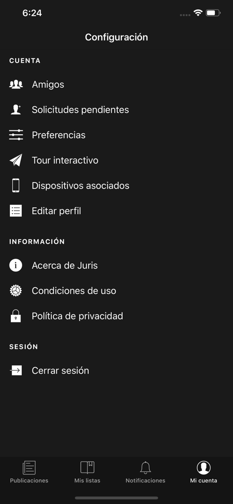 Schermata delle impostazioni dell'app mobile Infile Juris che mostra opzioni di menu per la gestione dell'account e informazioni legali in spagnolo