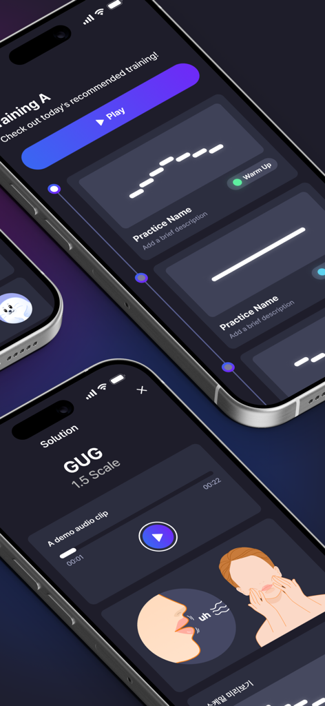 Smartphone screens showing vocal exercises and singing warm up guides in the Vocal Up app