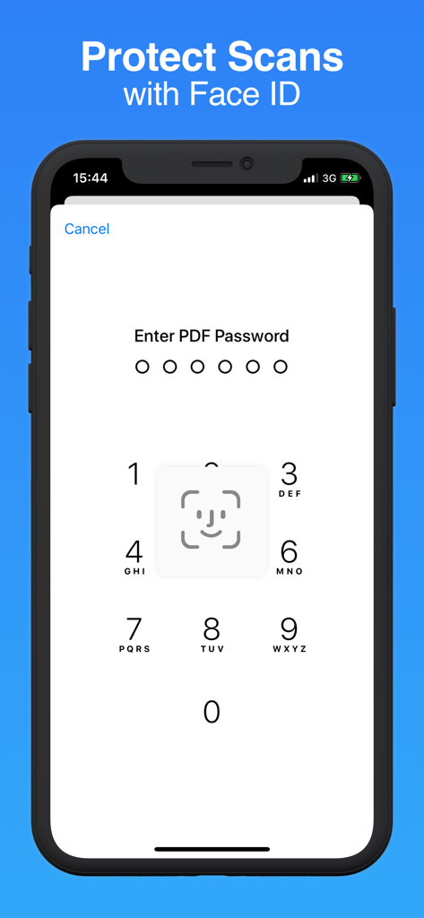 Document Scanner · Scan to PDF - スキャンされたドキュメントのPDFパスワード入力とFace ID保護を示すモバイルアプリ画面。