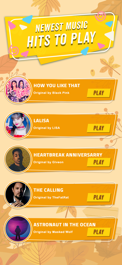 Dancing Race - Screen showing a list of trending songs to play in Dancing Race including hits from Black Pink and LISA