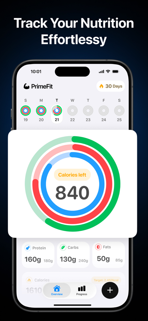PrimeFit - Nutrition For Men - PrimeFit nutrition app dashboard showing calorie and macro tracking for men