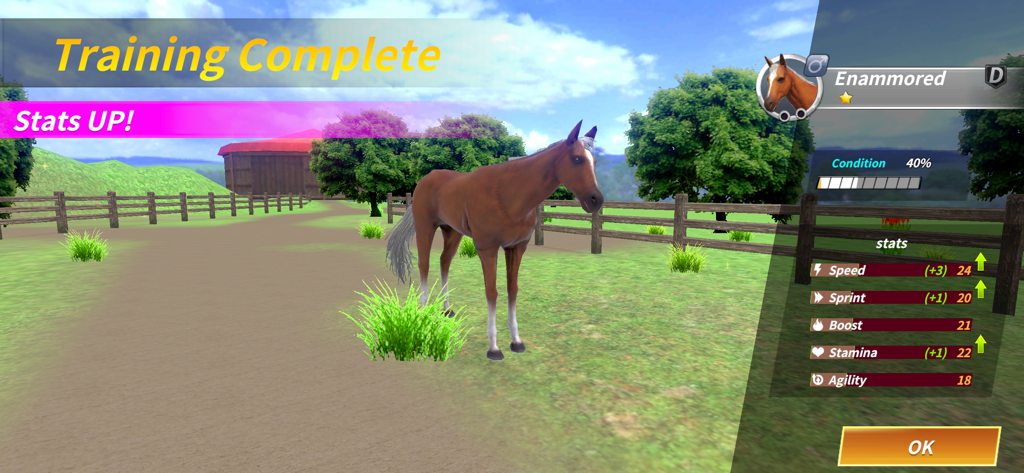 Derby Life - A realistic 3D brown horse in the Derby Life game showing training complete and updated performance stats on a ranch background