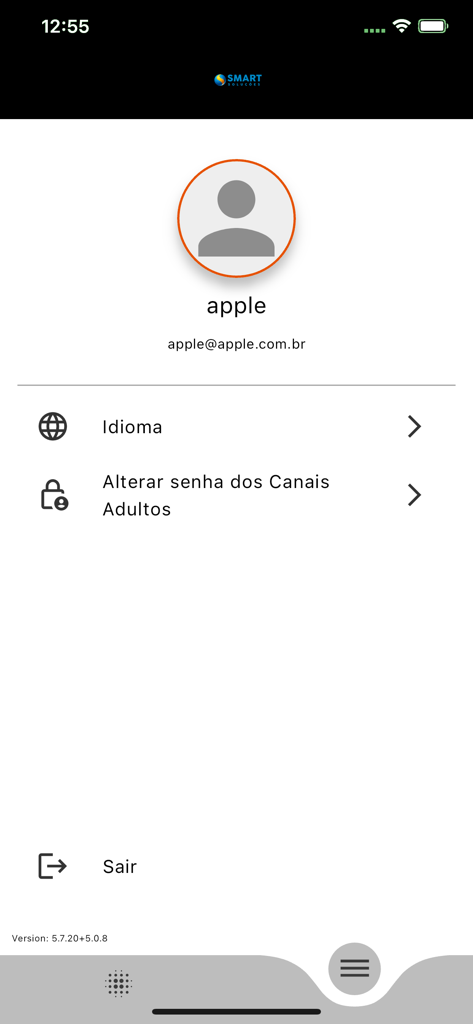 SmartPlay - User profile screen of the SmartPlay app showing account details and settings for language and adult channel passwords