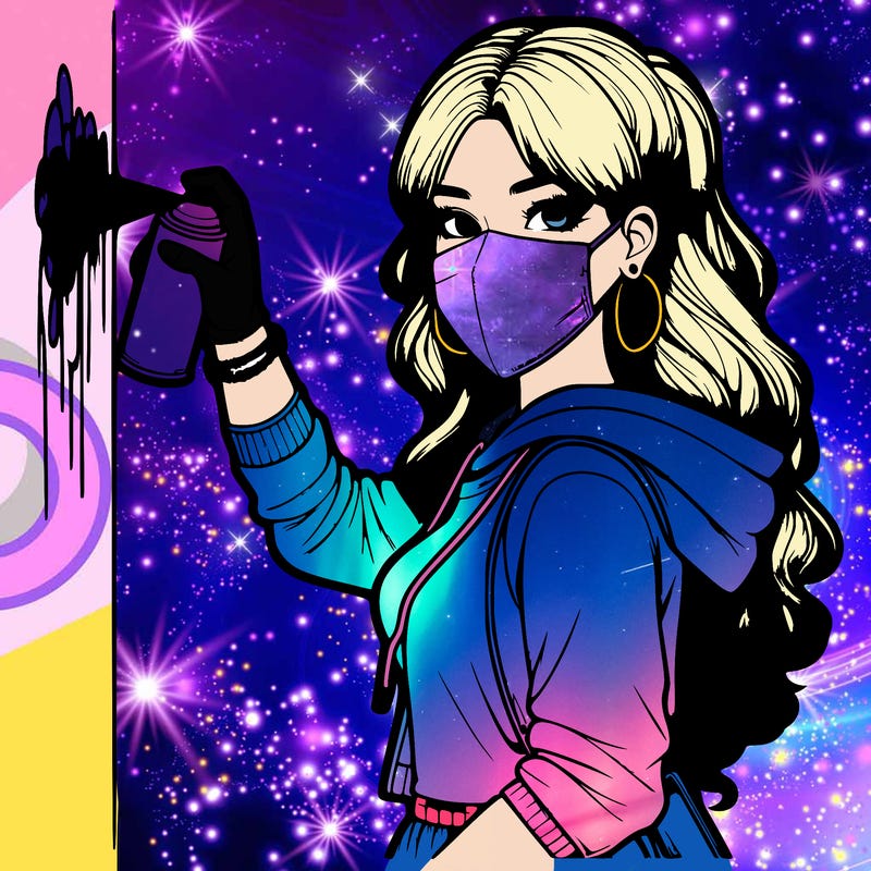 realistic girl with mask spray painting a wall