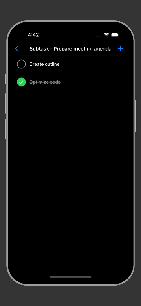 ダークモードで会議アジェンダの準備のためのサブタスクを表示するインターフェース