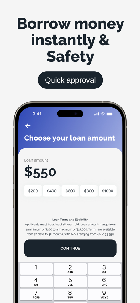 Money In Minutes: Cash advance - Money In Minutes app interface for selecting a cash advance loan amount showing 550 dollars selected.