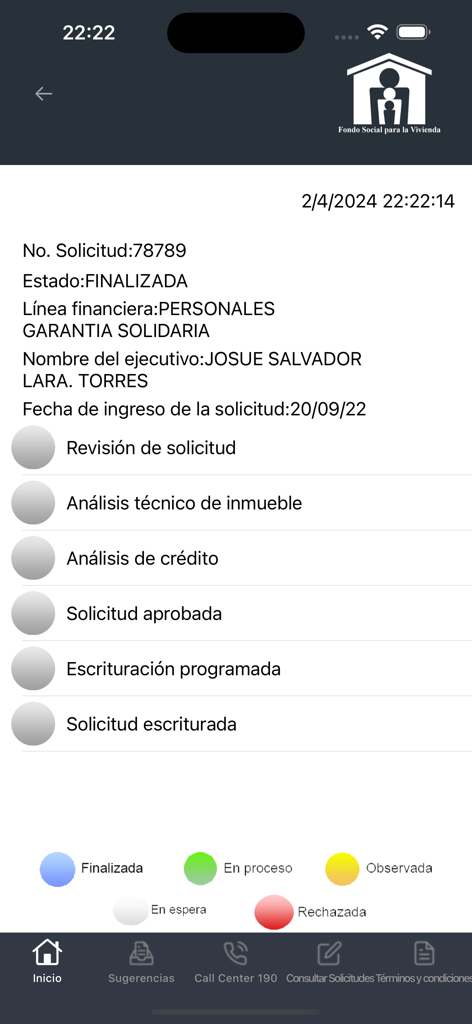 FSV APP interface showing a completed housing loan application status and process tracking steps