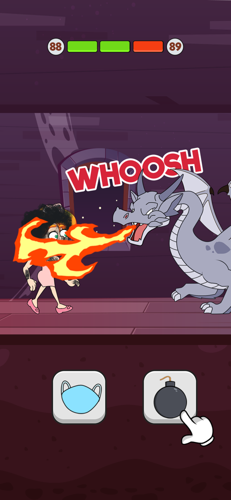 Save The Lady - Save The Lady Gameplay zeigt die Wahl zwischen einer Maske und einer Bombe, um eine Frau vor einem feuerspeienden Drachen zu retten.