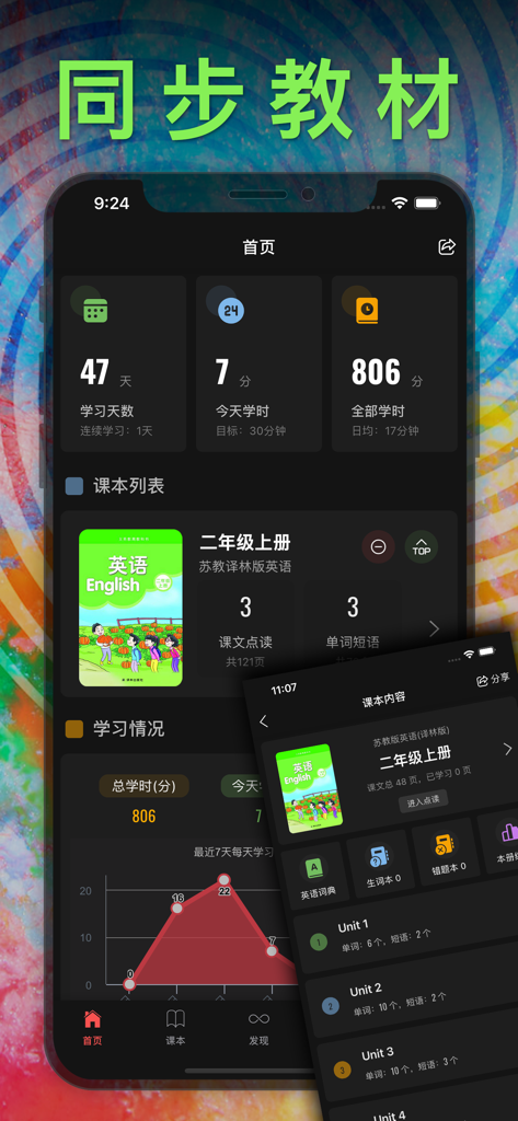 二年级英语上册 - 苏教版译林小学英语课本同步点读机 - Mobile app interface for Chinese grade 2 English learning with study statistics and lesson units