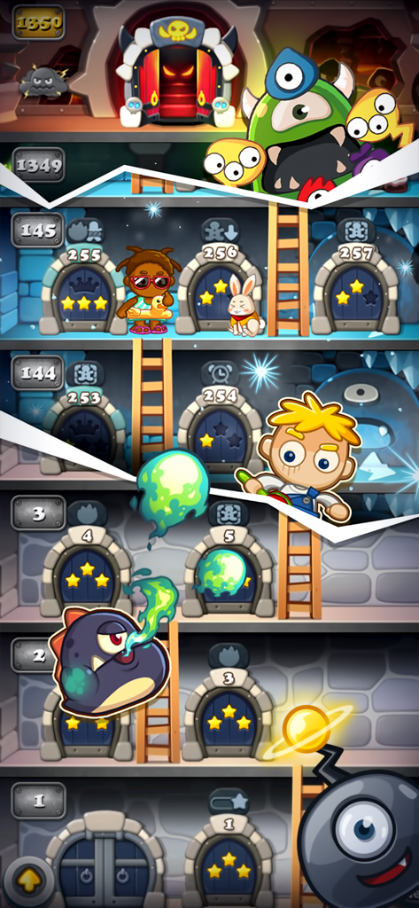 Monster Busters:Match 3 Puzzle - Vertical view of the monster tower in the Monster Busters app showing various game levels and characters on different floors