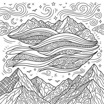 Explore the breathtaking beauty of lenticular clouds with this intricate adult coloring page. Immerse yourself in a serene mountain landscape designed for relaxation and creative expression.