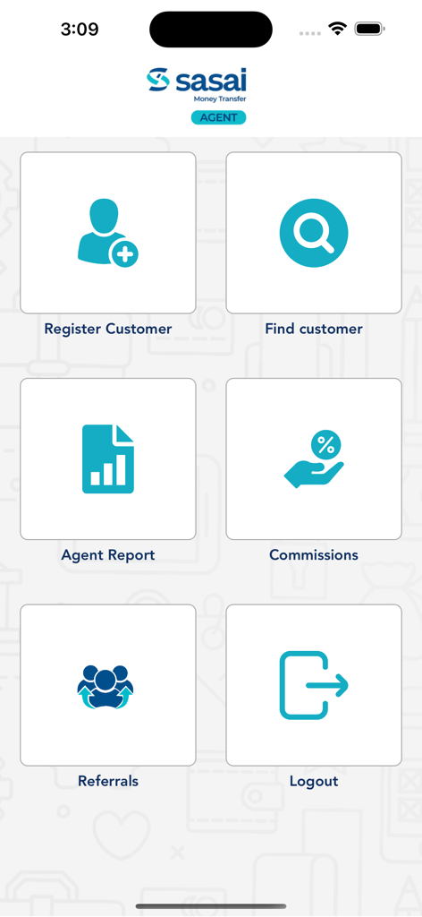 Sasai Money Transfer Agent App - Main dashboard of the Sasai Money Transfer Agent App showing menu options like Register Customer, Agent Report, and Commissions.