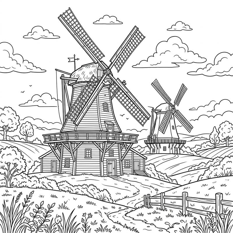 Immerse yourself in the charm of yesteryear with this beautiful coloring page featuring majestic restored windmills. Discover the peaceful beauty of a classic rural landscape as you bring this intricate scene to life with your favorite colors.