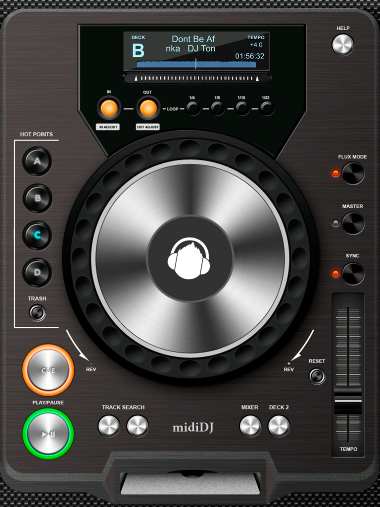 Midi Dj Lite - iPad interface of Midi Dj Lite showing a digital DJ deck with jog wheel, play buttons, and loop controls