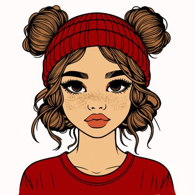 realistic girl with buns in her hair with a beanie on