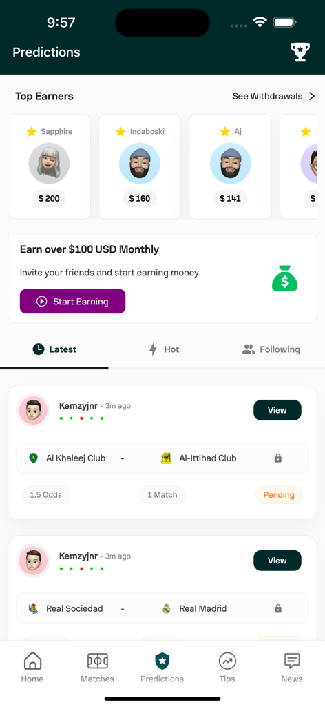 Spotip - Predictions & Scores - Interface of the Spotip app showing the predictions tab with top earners and upcoming soccer match tips