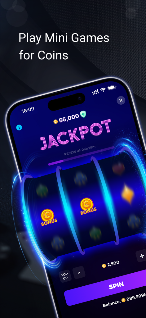 PokerUp: Social Poker - Uma captura de tela do app móvel PokerUp mostrando um minijogo de caça-níqueis de jackpot neon para ganhar moedas
