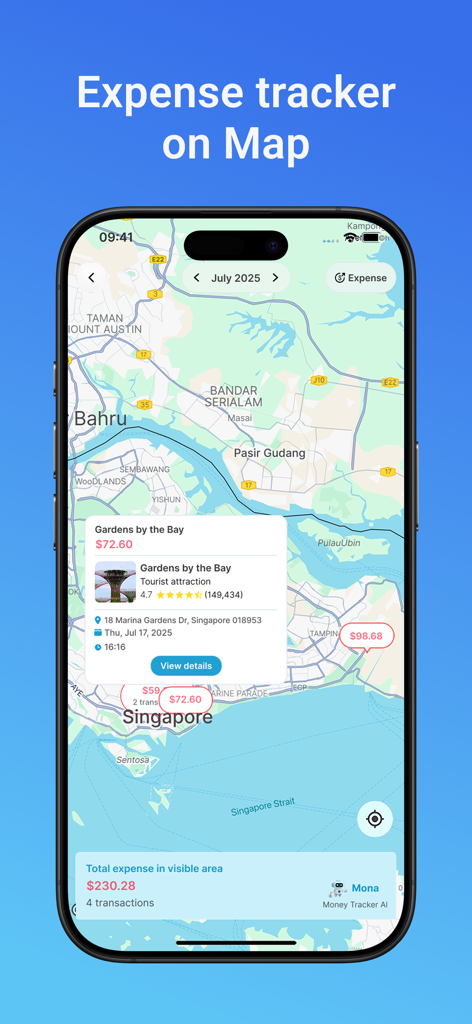Money Tracker - Mona AI - Money Tracker Mona AI app interface displaying daily expenses on a map with transaction details