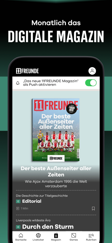 11FREUNDE app interface showing the monthly digital magazine and football culture articles