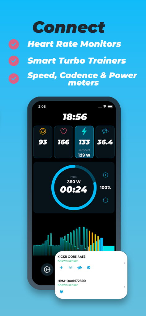 Relevateアプリのインターフェースが、心拍数モニターとスマートトレーナーのBluetoothセンサー接続を示しています