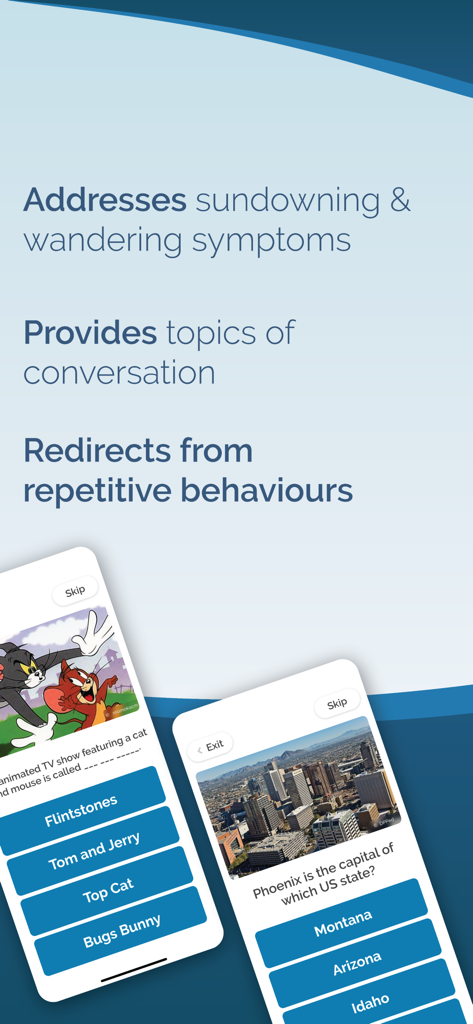 Memory Lane Games - Screenshot of Memory Lane Games app highlighting features like sundowning relief and conversation starters with simple trivia screens.