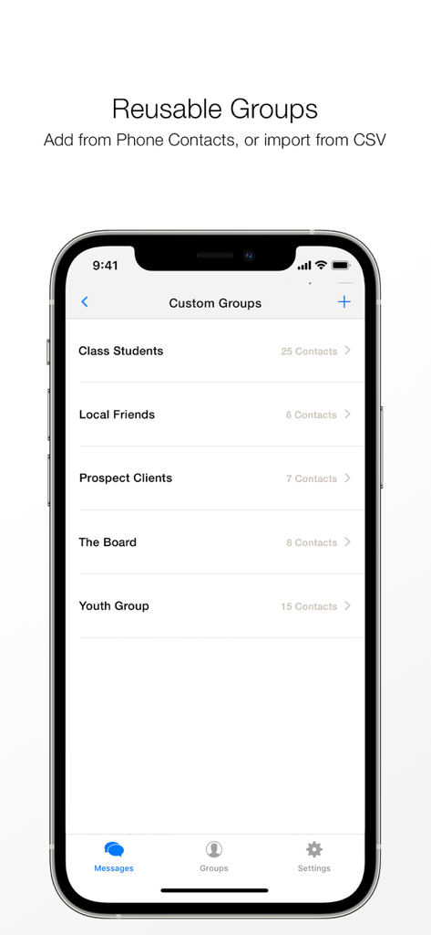 Reach app custom groups list for organized personalized messaging and group management