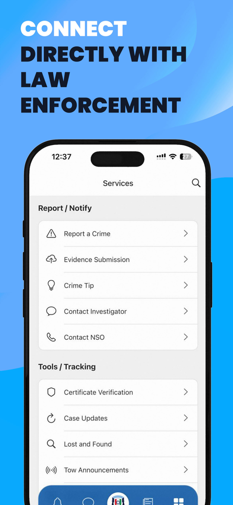 PoliceMV app interface displaying service options like reporting a crime and certificate verification.
