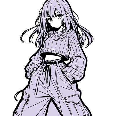anime teen girl with baggy pants and crop top with sweater