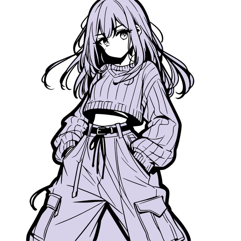 anime teen girl with baggy pants and crop top with sweater