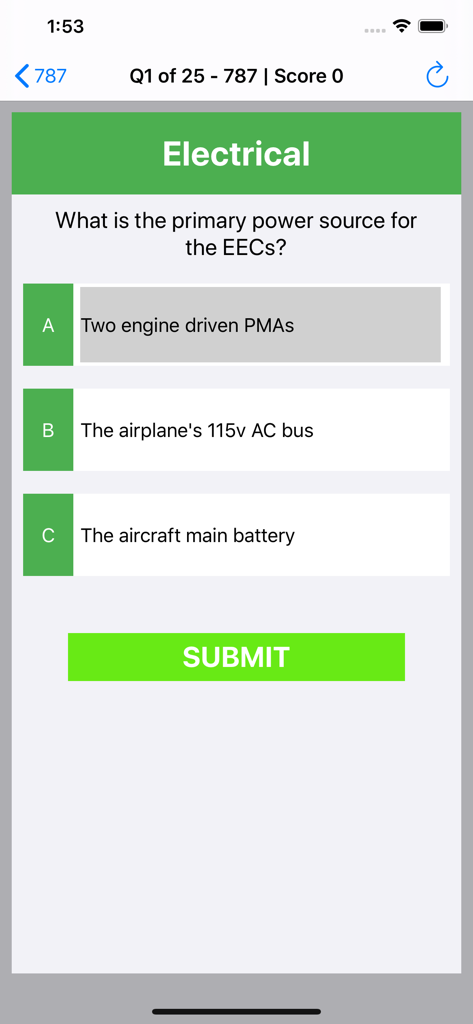 A multiple choice question about the electrical system on the Boeing 787 exam prep app